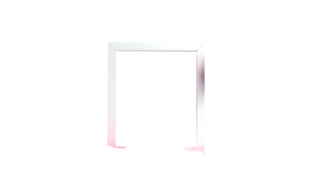 Illuminated, floating, white, open frame against stark black background