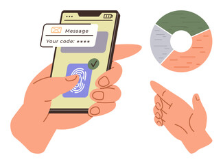 Hand interacting with a smartphone using fingerprint reader and security code verification. Includes pie chart analysis. Ideal for cybersecurity, mobile apps, data security, biometrics, verification