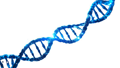 Glowing blue double helix on black background representing DNA strands