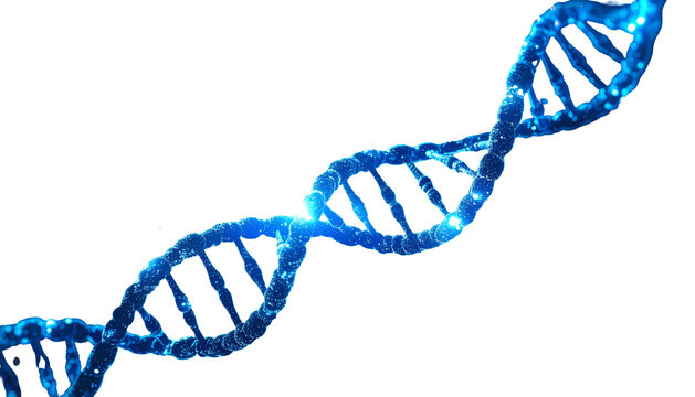 Glowing blue double helix on black background representing DNA strands