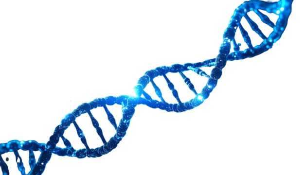 Glowing blue double helix on black background representing DNA strands