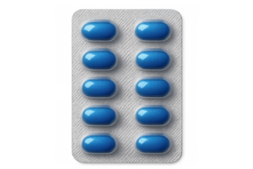 Blue pills blister pack for medicine and healthcare, showing pharmaceutical treatment and medication concepts