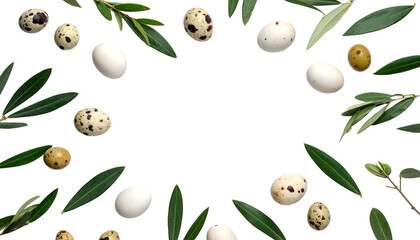 Arrangement of quail eggs & olive branches forms a circular frame on black