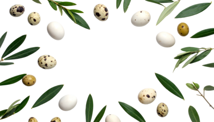 Arrangement of quail eggs & olive branches forms a circular frame on black
