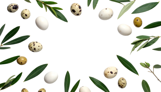 Arrangement of quail eggs & olive branches forms a circular frame on black