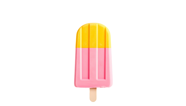 A bicolor frozen treat with a wooden stick, isolated against a stark black backdrop