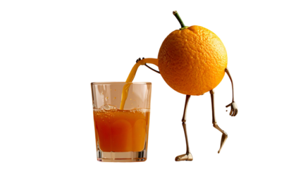 Anthropomorphic orange character pouring juice into a glass, isolated on a black background
