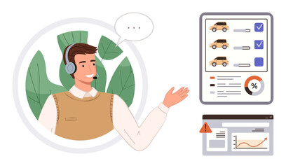 Customer service representative wearing a headset explaining vehicle selection and performance, with data charts and report sheets. Ideal for automotive, analytics, guidance, technology