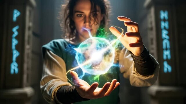 A sorceress conjures a glowing orb of energy with her hands in a mystical chamber