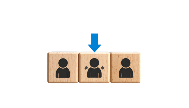 Three wooden blocks with stick figures, center one being targeted, marked with a blue arrow