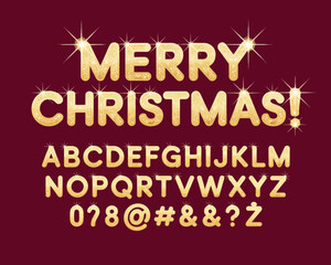 Golden Merry Christmas Alphabet Font with Festive Starbursts