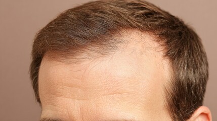 Fototapeta premium Male with thinning brown hair, receding hairline, pale skin, neutral backdrop