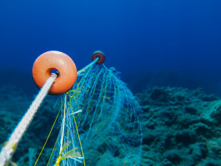Fishing nets underwater in the Aegean Sea