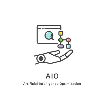 次世代のSEO対策「AIO（AI検索最適化）」の線画アイコン (ベクター素材)