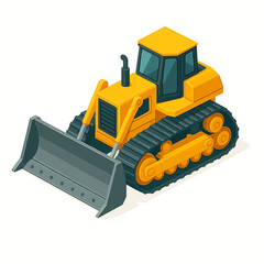 Vibrant isometric illustration of a powerful yellow bulldozer, robust heavy construction equipment with a large front blade, ideal for earthmoving and site development projects