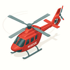 Red rescue helicopter with rotor blades in motion, symbolizing emergency services and aerial assistance on a clean background
