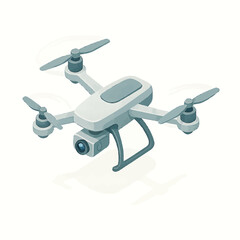 A modern unmanned aerial vehicle or quadcopter drone with propellers and an integrated camera, depicted in a clean isometric vector illustration style