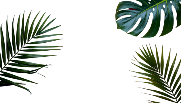 Lush green tropical leaves against a stark black backdrop. Natural, vibrant, and stylish