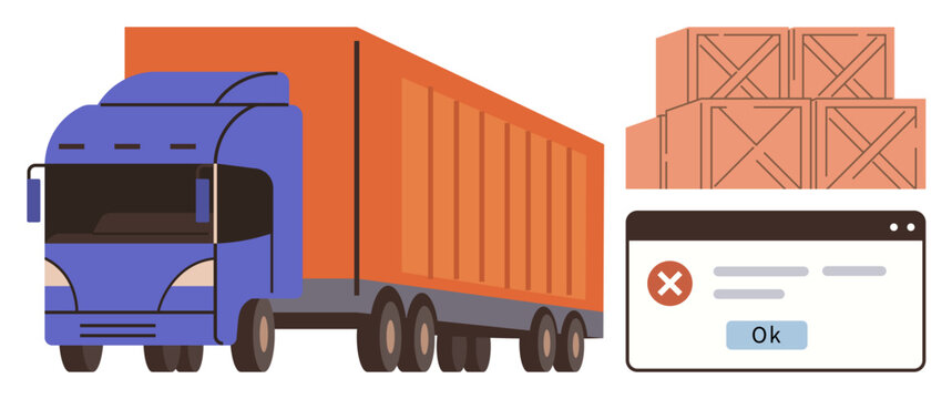 Fototapeta Cargo truck beside wooden boxes and a system error dialog box with an issue notification. Ideal for logistics, transport, technology, inventory, delivery, shipping, supply chain. Simple flat metaphor