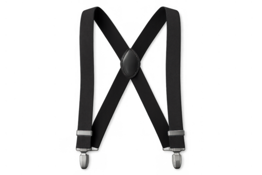 Black suspenders with metal clips isolated on a transparent background, perfect for formal and vintage fashion concepts