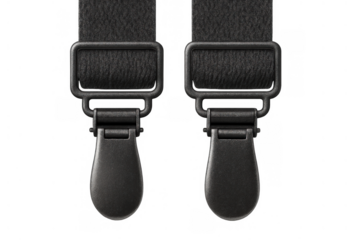 Black suspenders with metal clips fastening the straps, adjusting clothing, accessory for trousers on transparent background