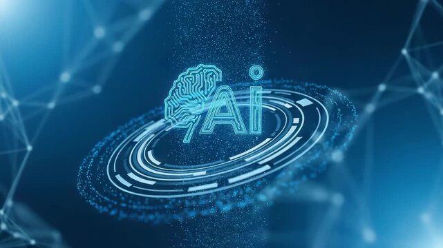 Abstract blue background with glowing ai logo and neural network connections