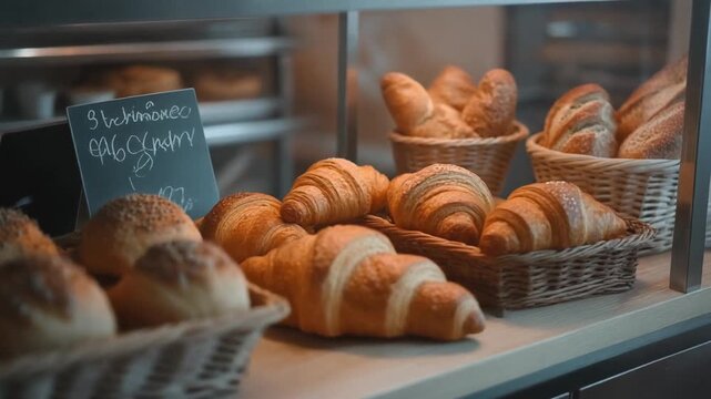 Bakery Display with Croissants and Bread Rolls.