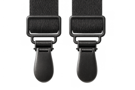 Black suspenders with metal clips fastening the straps, adjusting clothing, accessory for trousers on transparent background
