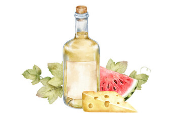 Watercolor picnic composition with white wine bottle, cheese slice, watermelon, and green vine leaves. Elegant summer still life perfect for picnic design, gourmet branding, or packaging layout
