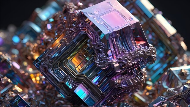 Abstract Bismuth Crystal Close-up Illustration with Iridescent Colors and Geometric Patterns