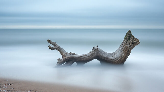 Weathered driftwood resting on a calm beach symbolizing tranquility time and nature’s artistry representing the peaceful connection between land sea and the slow rhythm of coastal life