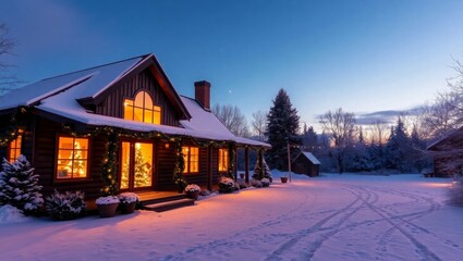 Cozy winter cabin glowing warmly at snowy dusk