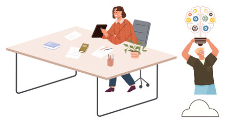 Person working at desk with tablet surrounded by office items and plant. Another person holds up lightbulb with gears and cogs as metaphor for ideas and teamwork. Ideal for creativity, innovation