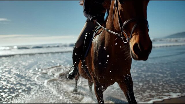 Dynamic Close-up of Horse Galloping in Ocean Waves with Rider Splashing Water