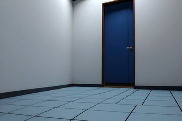 Obraz premium Minimalist product photography blue door in empty tiled room with soft light creating calm mood and clean composition