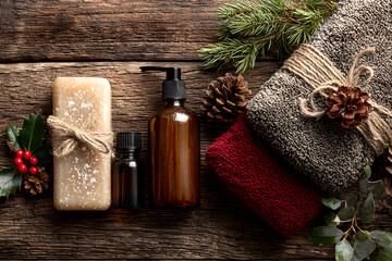 Christmas spa set on wooden table