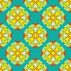 Yellow Neon Floral Pattern on Teal Background
Yellow-orange neon floral motifs on a teal background, arranged in a seamless pattern. 