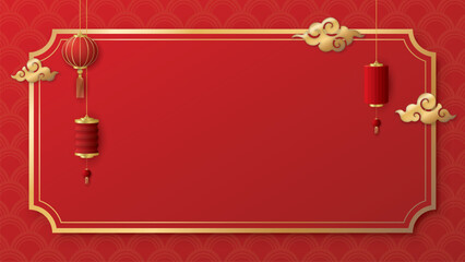 Golden frame with clouds and lanterns Chinese style on red background.
