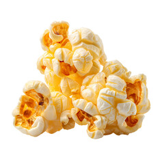A golden pile of popcorn with a transparent backdrop evokes crunchy, buttery delight