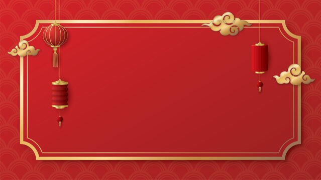 Golden frame with clouds and lanterns Chinese style on red background.