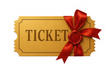 Golden admission ticket with red satin ribbon and wax seal offering exclusive entry to special event or luxury gift voucher