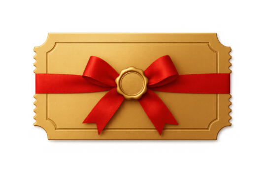 Golden gift card featuring a red satin ribbon tied into a bow, secured by a blank gold wax seal. Transparent background