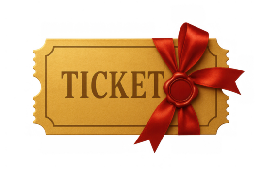 Golden admission ticket with red satin ribbon and wax seal offering exclusive entry to special event or luxury gift voucher