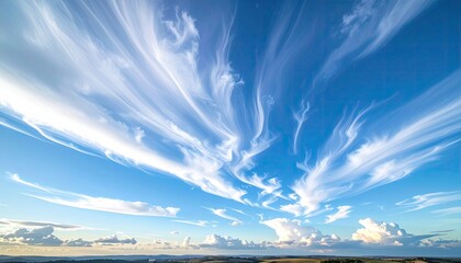 Dramatic Wispy Cirrus Clouds Stretch Across a Vibrant Blue Sky Above a Cityscape at Sunrise with Distant Airplane
