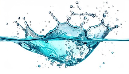 Dynamic Turquoise Water Splash with Bubbles Frozen Midair Against a Clean White Background Illustrating Refreshment and Purity
