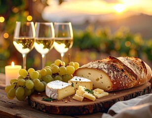 Elegant Cheese and Bread Platter With White Wine Glasses And Grapes At Sunset With Soft Bokeh Lights In The Background