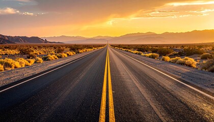 Endless Asphalt Road Stretching Towards a Dramatic Golden Sunset Over a Desert Landscape with Distant Mountains and Sparse Vegetation