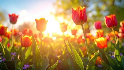 Field Of Red And Yellow Tulips In Golden Hour Sunlight With Lens Flare And Bokeh Effect