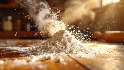 Flour Piling Up on a Wooden Table in a Rustic Kitchen with Sunbeams and Dust Particles Floating Around a Rolling Pin in Soft Natural Light