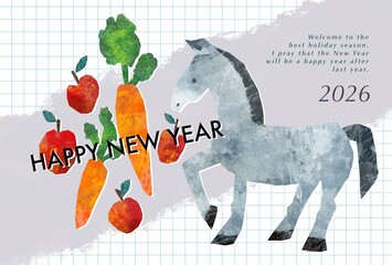 馬とフルーツと野菜の切り絵風イラストの年賀状テンプレート　2026年午年